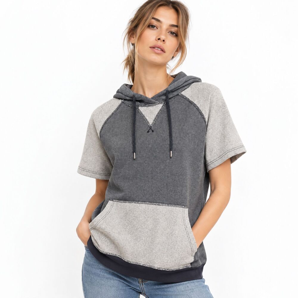 Modern Culture Womens Short Sleeve Hoodie Medium Blue Gray Colorblock Y2K Street